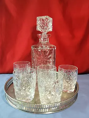 Crystal Glass Decanter Set Vintage W/ 5 Glasses & Pitcher & Silver Plated Tray • $269.76