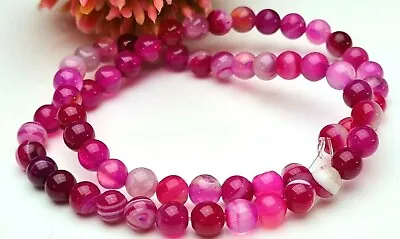 £4.29 • Buy Natural Gemstone Stripes Agate Beads Round Pink Magenta Strand 38 Cm Ø 6 