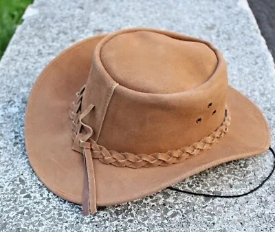 Men's Real Leather Australian Western Cowboy Style Tan Crazy Horse Bush Hat • £14.99