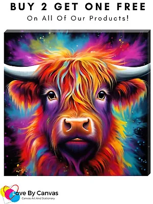 Colourful Splash Highland Cow Grazing Art Canvas Print Picture Wall Art LGBTQ+ • £9.99