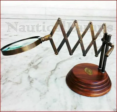 Vintage Style Brass Desk Top Chainner Magnifying Glass Magnifier W/ Wooden Base • $74.73