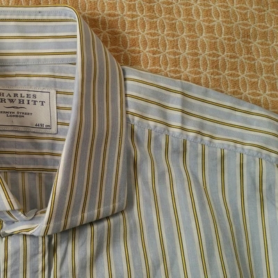 £22.99 • Buy Mens Charles Tyrwhitt Shirt UK17.5 EU44 Blue Yellow Stripe French Cuff Pocket