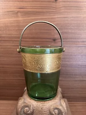 Vintage 1930s Fostoria Depression Glass Ice Bucket In Green With Gold Decoration • $9.99