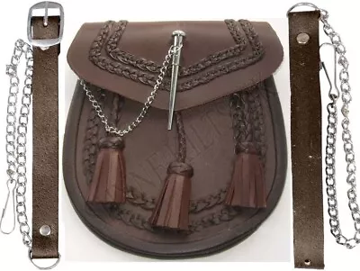 Kilt Sporran Brown Leather Drop PIN Woven Detailed Front HIGHLANDWEAR For Kilts • $25.99
