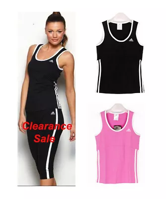 ADIDAS Ladies COTTON 3 Stripe Scoop Sport Tank Top Vest Built In Bra Singlet Gym • $24.95