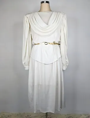 French Vintage Women White Classic 80s Draped Midi Dress Size 14 16 L Retro • $59