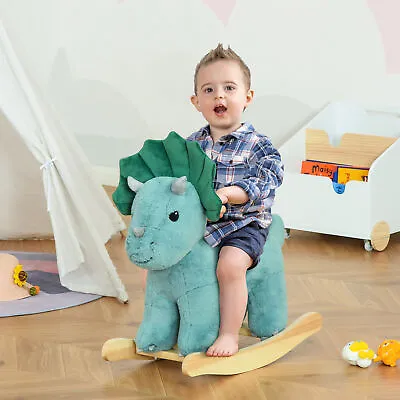 Green Dinosaur Plush Rocking Horse Animal Sound Safe Curved Wooden Base Child • £58.49