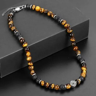 8MM 18  Natural Tiger's Eye Stone Lava Beads Beaded Necklace Choker For Men • $10.99