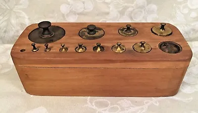 Vintage 11 Brass Scale Weights With Wood Base • $207.20
