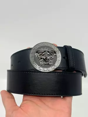 Authentic Silver Round Medusa Buckle Black Leather Men's Versace Belt • $185