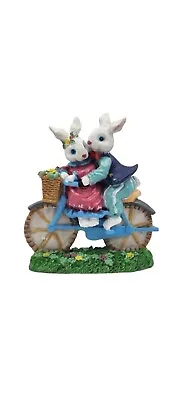 Vintage Spring Easter Boy And Girl Bunnies Riding Blue Bicycle • $19.99