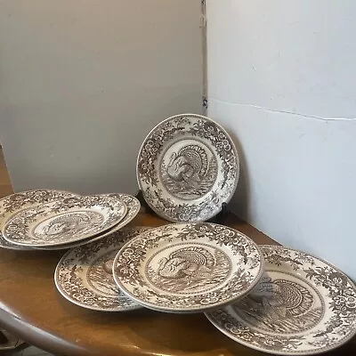 Set Of 8 Spode Celebration Dessert Sandwich  Plates Turkey Design 7 1/2” Brown • $42.60