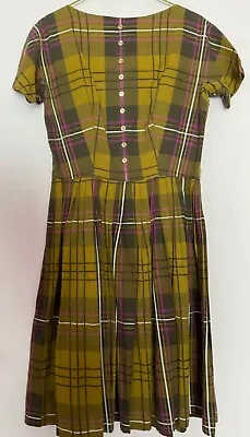 Vintage 50s Green Pink Cotton Check Full Skirt V-back Button Bodice Dress 10 12 • £29.99