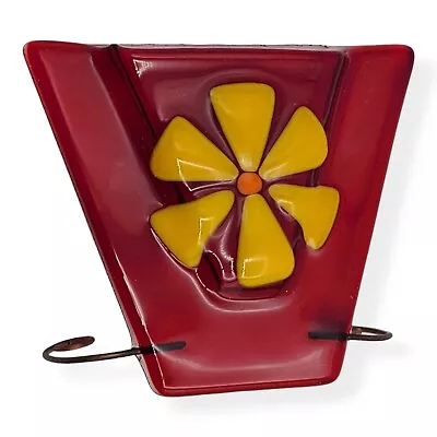 Fused Art Studio Glass Pocket Vase Copper Stand Yellow Daisy Flower Red 5 X4  • $29.99