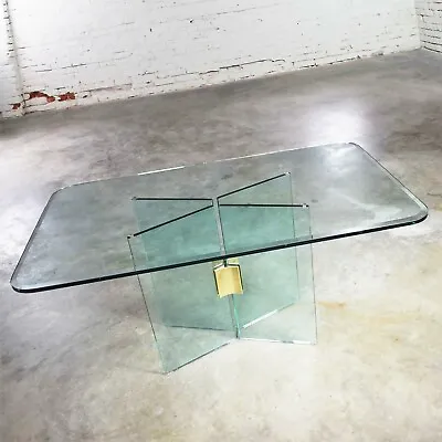 Glass Dining Table With Brass Plated Connector Attributed To The Pace Collection • $4195