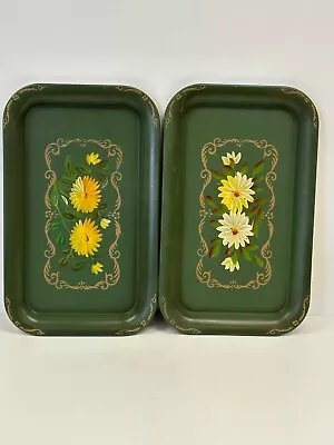 Pair Vintage Green E.T. Nash Co Hand Painted Yellow Floral Metal Toleware Trays • $7.99