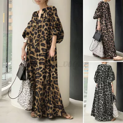 ZANZEA Women Vintage Plus Size Long Shirt Dress Leopard Printed Crew Neck Kaftan • $30.78