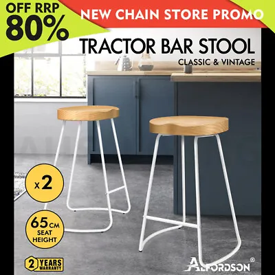 $139.85 • Buy ALFORDSON 2x Bar Stools 65cm Tractor Kitchen Wooden Vintage Chair White