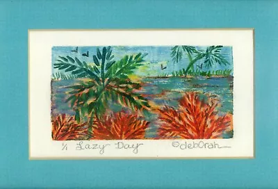 TROPICAL BEACH PALM TREES Seascape Birds ORIGINAL Monoprint FRAMED Signed • $45