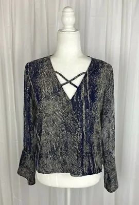 Veronica M Womens Sz XS Blue Beige Snake Print Sheer Faux Wrap Pullover Blouse • $2.49