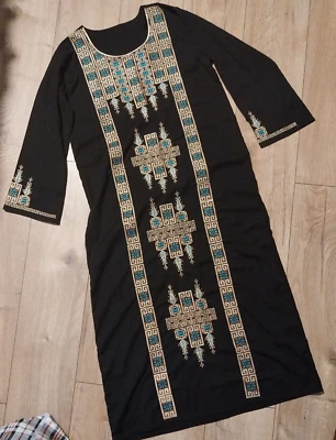 Embroidered Ethnic Long Dress Kaftan Black Gold Maxi Vintage 60s 70s Style Boho • £16