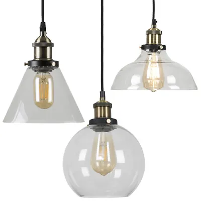 Industrial Ceiling Light Fitting Suspended Pendant Glass Shade LED Filament Bulb • £23.99