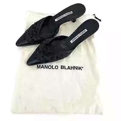 Manolo Blahnik Dark Navy Leather Mule Kitten Heels (36.5 - US6) With Dustbag • $85