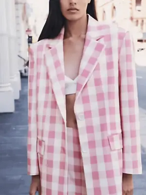 Zara Blazer Women XS Pink Gingham Check Plaid Oversized New • $129