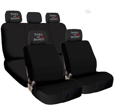 For VW New Black Flat Cloth Car Seat Covers With Embroidery Headrest Cover • $39.78