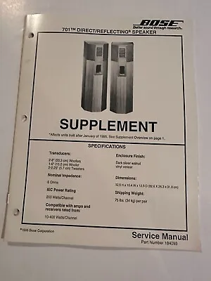 Original Bose Service Manual 701 Direct/Reflecting Speaker Supplement • $24.95