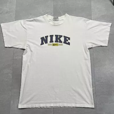 Vintage 90s Nike T Shirt Spell Out Logo Center White Size Medium Swoosh • $18.99