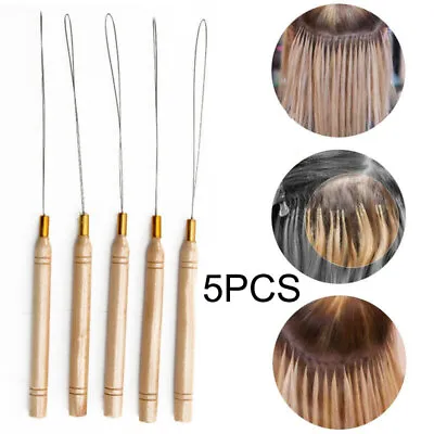 5x Needle Pulling Loop Hook Tool Micro Nano Ring Bead Hair Extension Thread Wood • £5.48