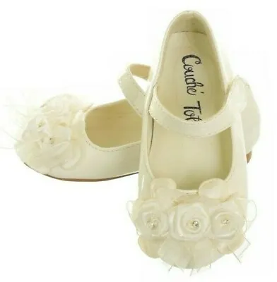 Girls Ivory Ballerina Shoes Flower Front By Couche Tot Christening Wedding Party • £15.99