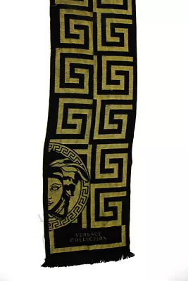 Versace Collection Yellow Black Wool Knit Key Print Fringe Trim Scarf • $85.39