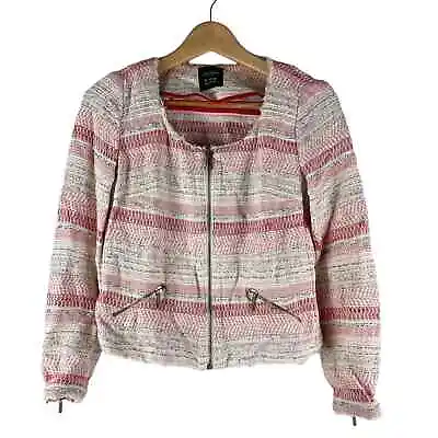 Zara Blazer Womens Medium Pink Cream Striped Tweed Boucle Zip Front Jacket  • $28