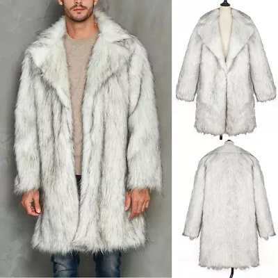 Mens Winter Faux Fox-Fur Coat Turn-Down Collar Long Jacket Warm Over Coat S-3XL • $55.42