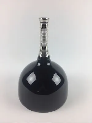 Mid Century Modern Vase Centerpiece 12.5” Black Metallic Flake With Chrome Neck • $149