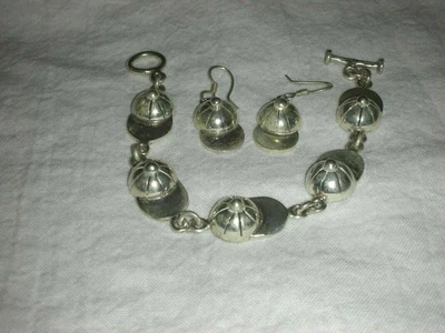 $95 • Buy VINTAGE 925 MEXICO Sterling Silver Softball-Baseball Cap Bracelet AND EARRINGS 