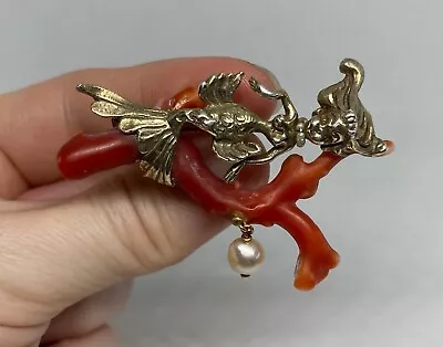 Vintage Silver Coral & Pearl Mermaid Brooch • $450