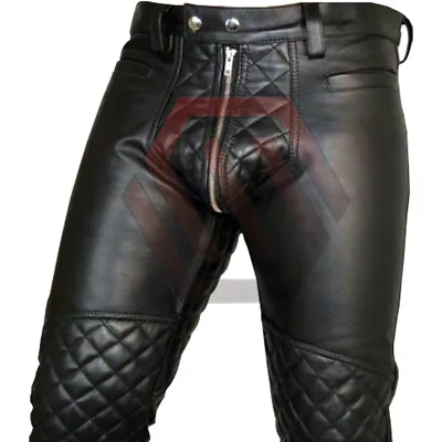 $129.99 • Buy Mens Cowhide Black Leather Biker Pants Quilted Breeches Trouser