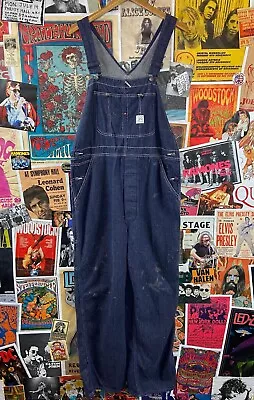 70s Indigo Dark Wash 'Fir' Denim Workwear Utility Dungaree Bib Overalls 37x30 • $82.04