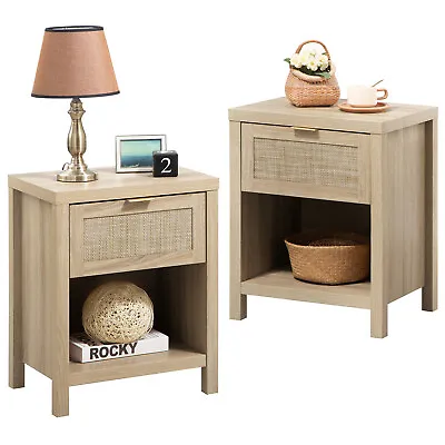 Boho Rattan Nightstand With Drawer Bedside Table End Table For Bedroom Home • $75.99