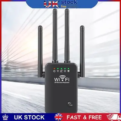 WiFi Extender Booster 2.4 GHz 300Mbps Easy Setup 4 Antenna Long Range (Black EU) • £10.69