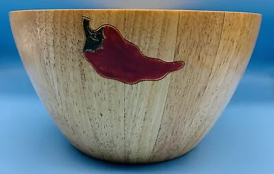 Vintage Wooden Salad Bowl Red Pepper Jalapeño Clay Art￼ Kitchen Decour￼ 12”Wide • $22.50