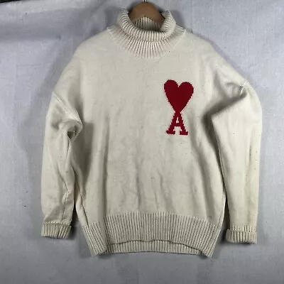 AMI Alexandre Mattiussi Turtleneck Sweater Ivory Red Wool Heart Large • $175