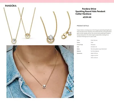 $72 • Buy Pandora Shine Sparkling Round Halo Necklace (361174C01) 14kt Yellow Gold Plated