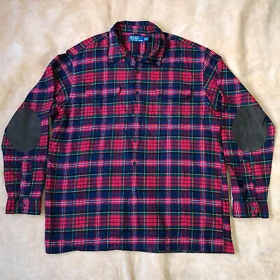 Polo Ralph Lauren Camp Collar Plaid Flannel Shirt Elbow Patch Red Excellent • $49.99