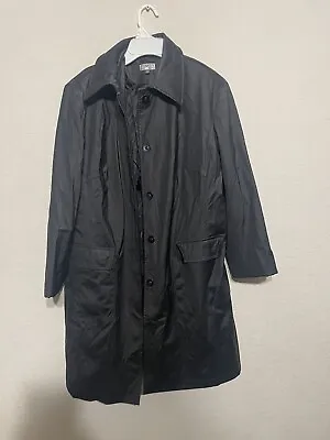 Giacca Women’s Size Large Black Trench Rain Coat Hidden Buttons PVC Back Belted • $18