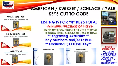 Kwikset Schlage American Yale - Keys Cut To Code - Computerized Cut - 4 Total • $16