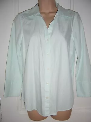 Jaeger Aqua White Stripe Fitted 100% Cotton Shirt Blouse 3/4 Turn Back Cuffs 12 • £8.83